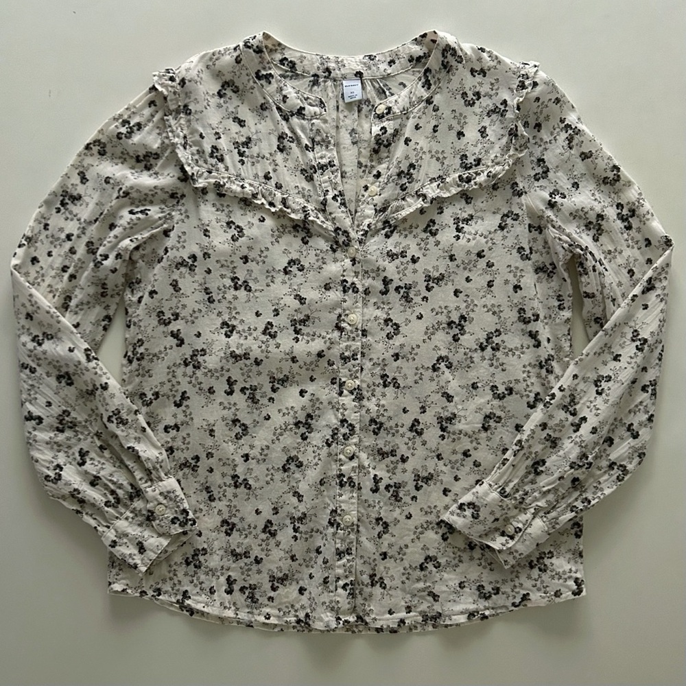Old Navy White Floral Ruffle Button Down Blouse Long Sleeve XS Fall/Winter Top
